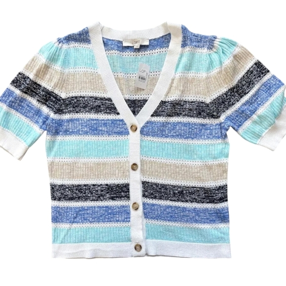 LOFT Striped Pointelle Puff Sleeve V-Neck Cardigan Top NWT Size Large - Picture 3 of 7
